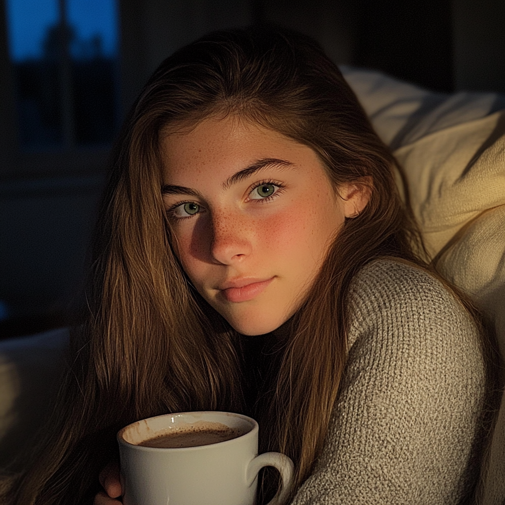 Une adolescente qui boit une tasse de cacao | Source : Midjourney