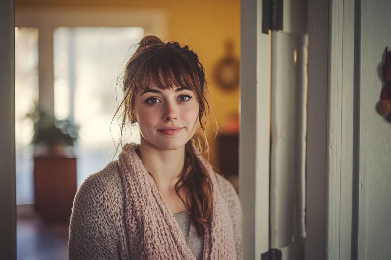 Une femme qui sourit poliment à quelqu'un dans sa maison | Source : Midjourney