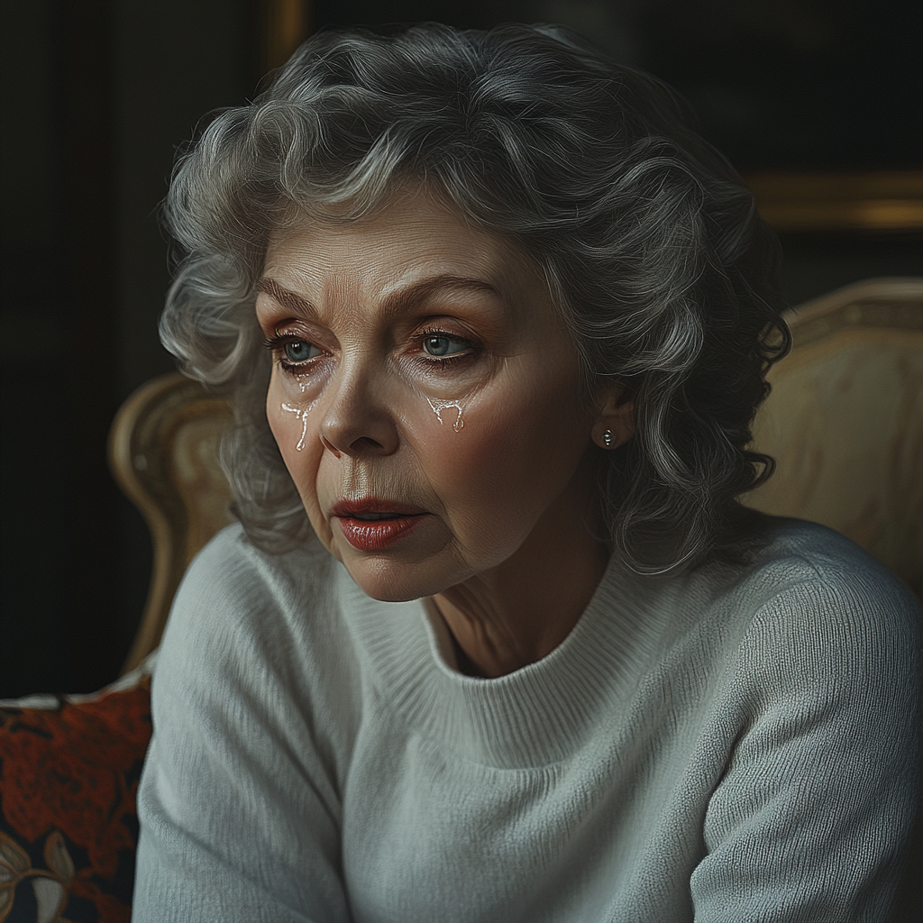 An elderly woman with tearful eyes sitting on the sofa | Source: Midjourney