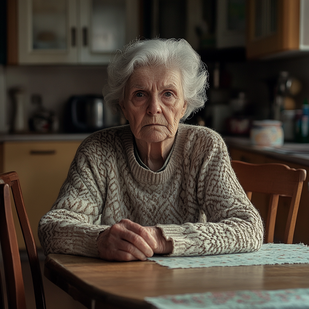 Une femme sérieuse assise dans sa cuisine | Source : Midjourney