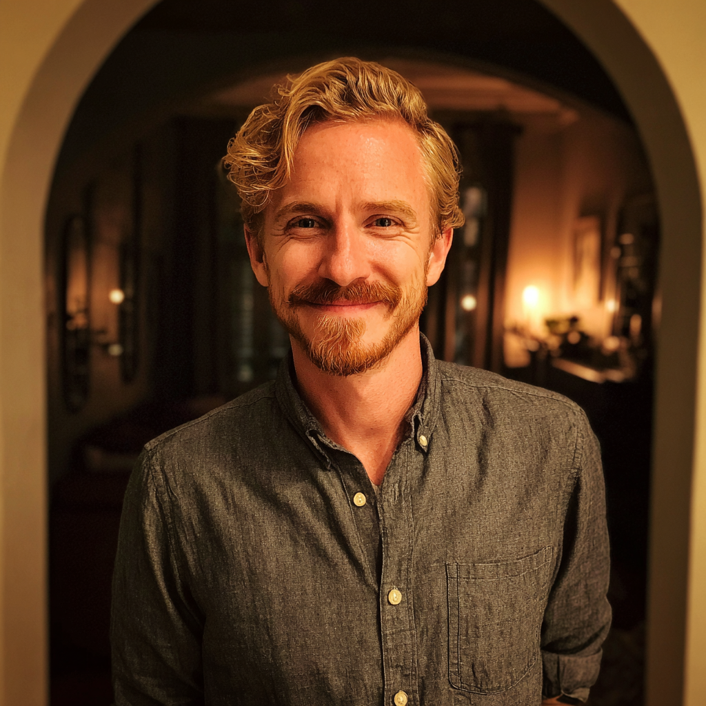 Un homme heureux portant une chemise formelle grise | Source : Midjourney