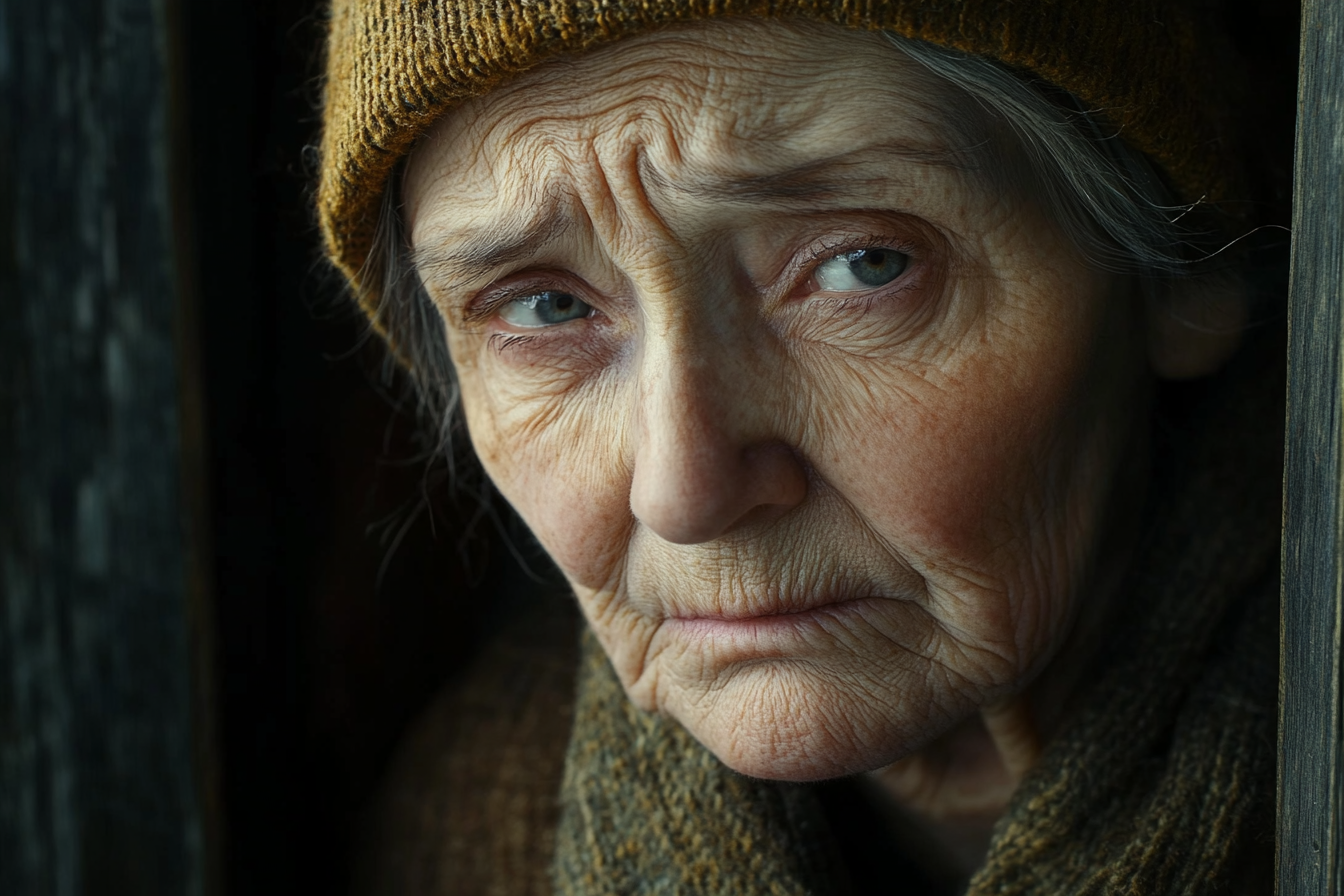 Une femme âgée et triste qui se tient près de la porte | Source : Midjourney