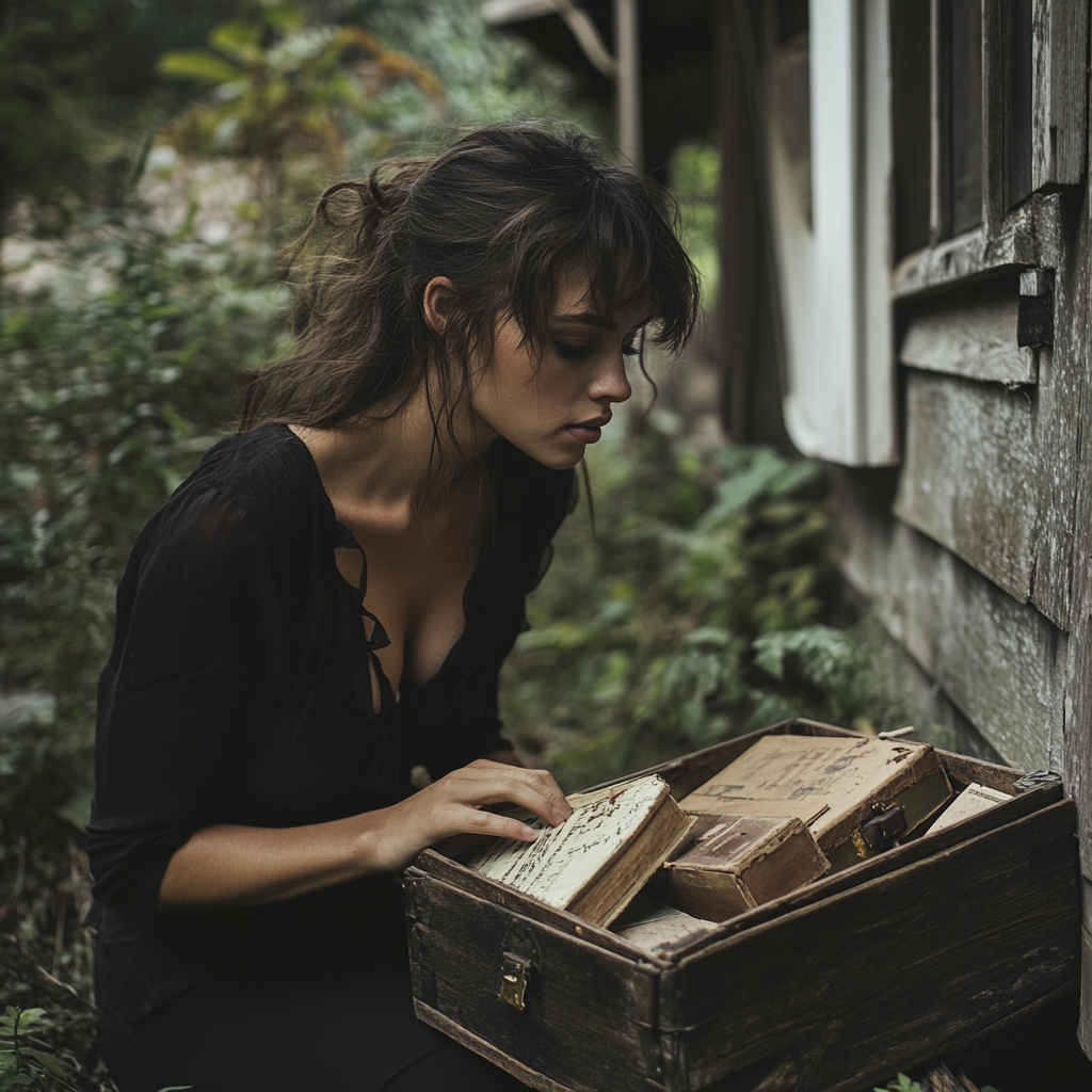 Une femme qui regarde le contenu de la boîte | Source : Midjourney