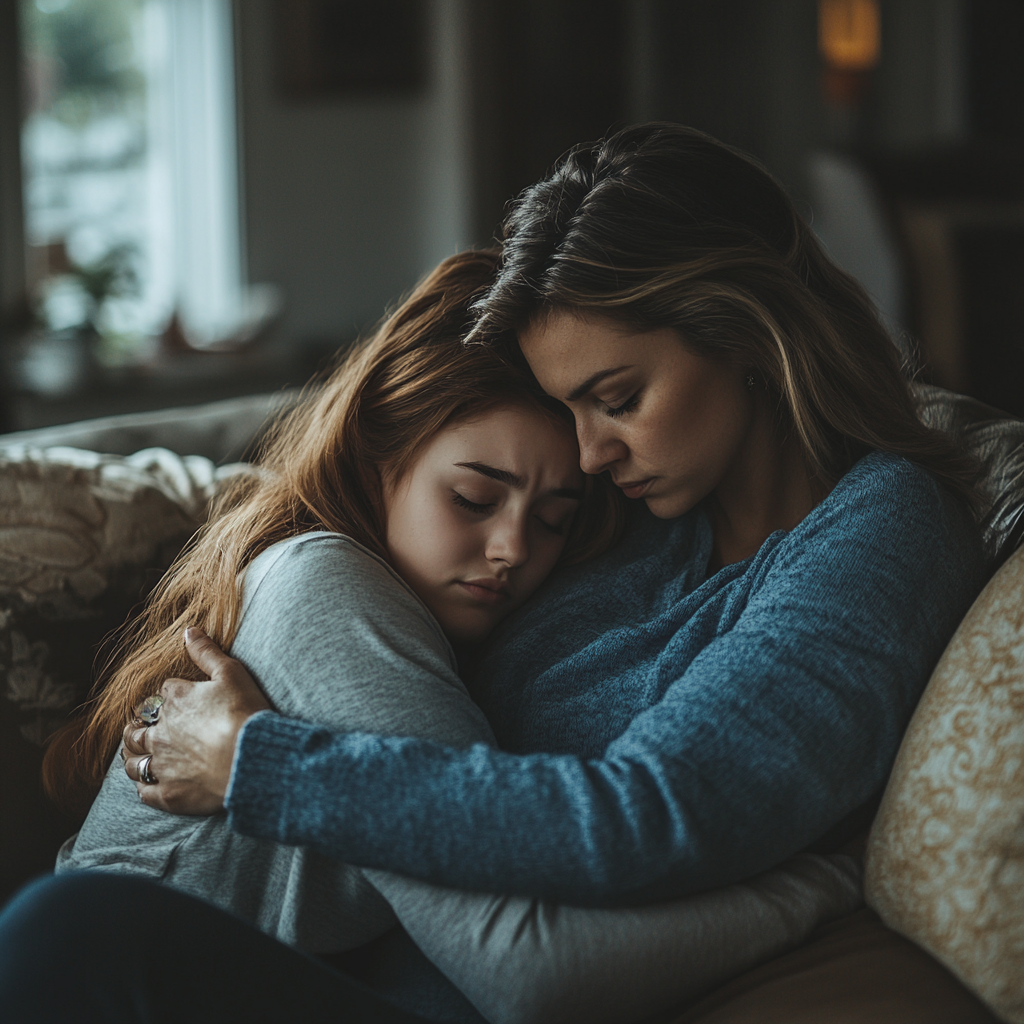 Une femme serrant sa fille dans ses bras | Source : Midjourney