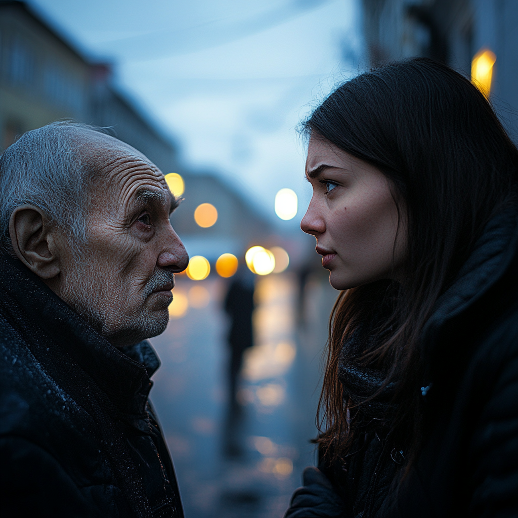 Une jeune femme parle à un homme âgé | Source : Midjourney