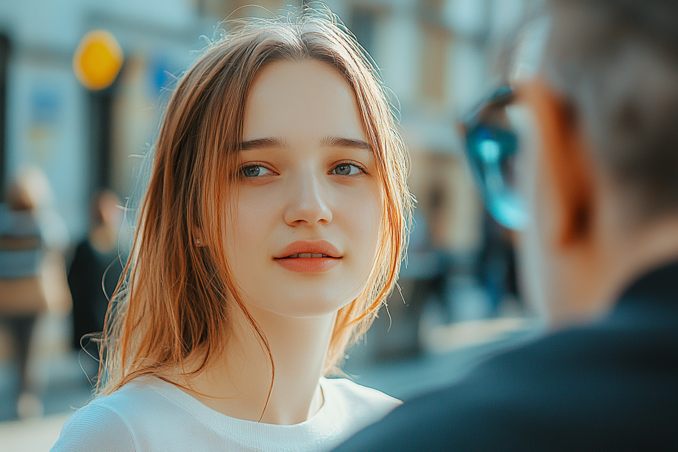 Une jeune femme qui regarde ailleurs tout en parlant à un homme | Source : Midjourney