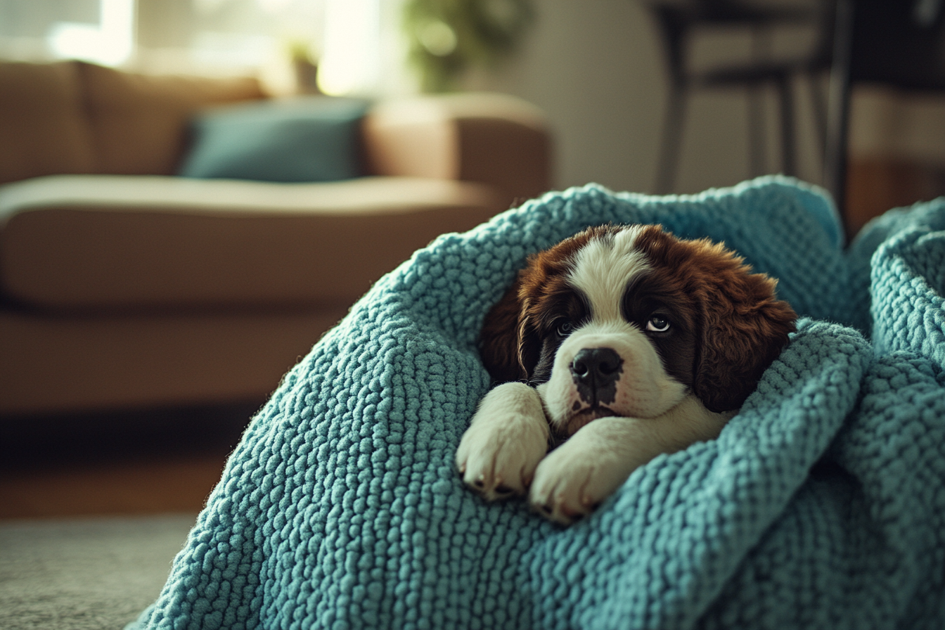 Un chiot saint-bernard enveloppé dans une couverture bleue dans le salon | Source : Midjourney