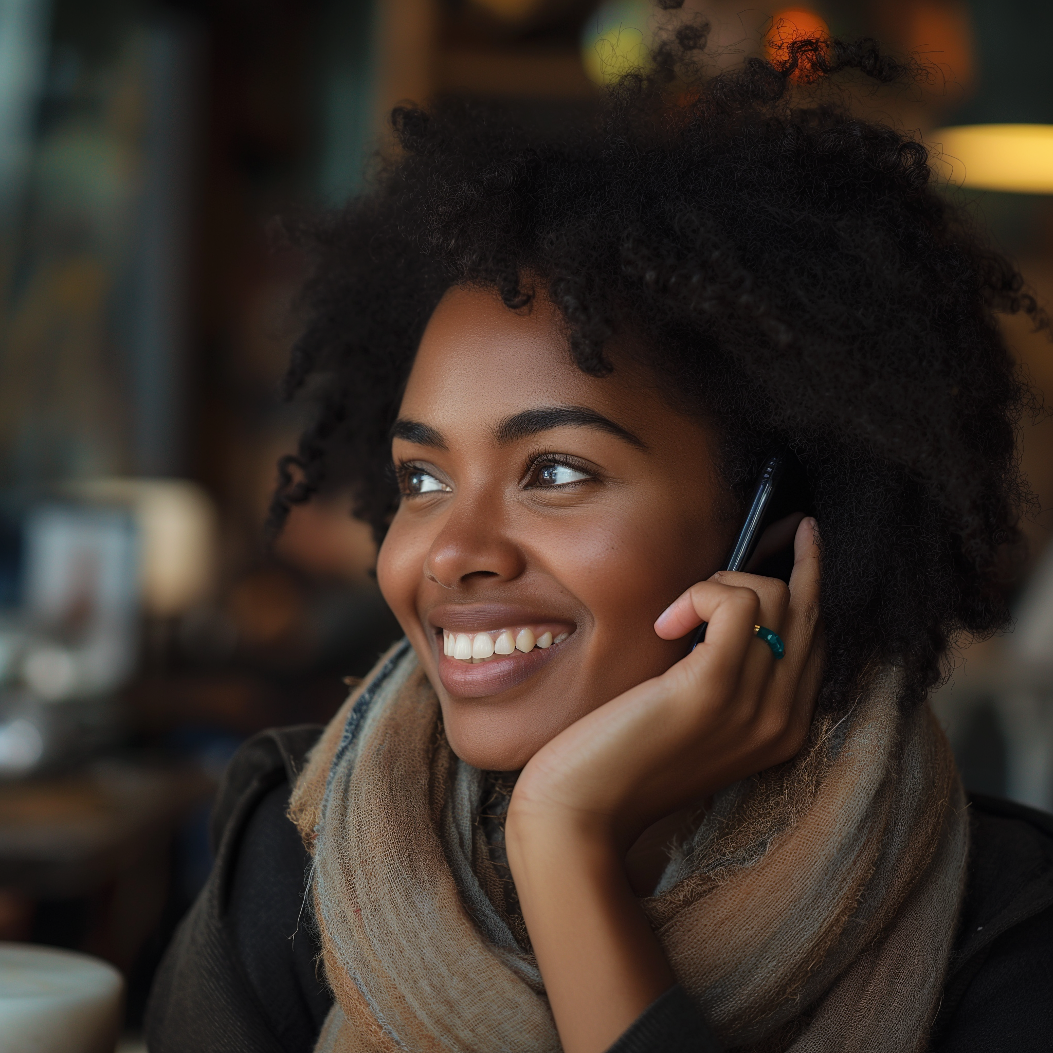 Une femme souriante lors d'un appel téléphonique | Source : Midjourney