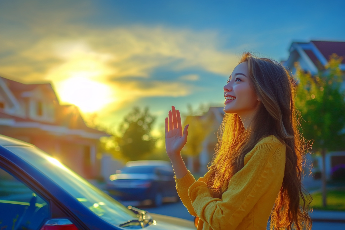 Une femme debout à côté de sa voiture qui fait un signe de la main | Source : Midjourney