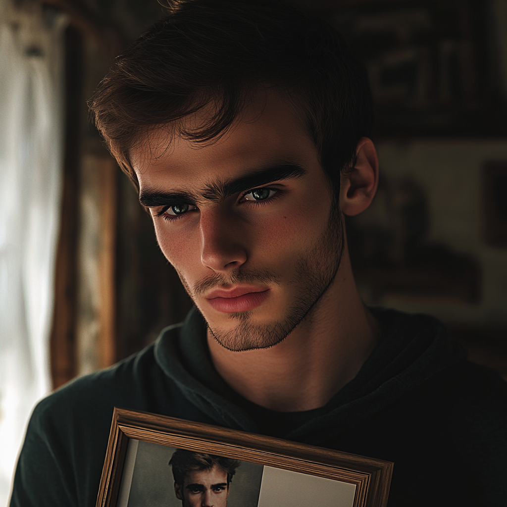 Un jeune homme aux yeux pleins de larmes tenant une photo encadrée | Source : Midjourney