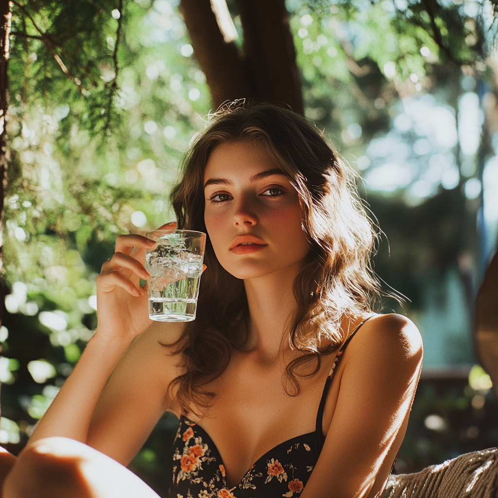 Femme tenant un verre d'eau | Source : Midjourney