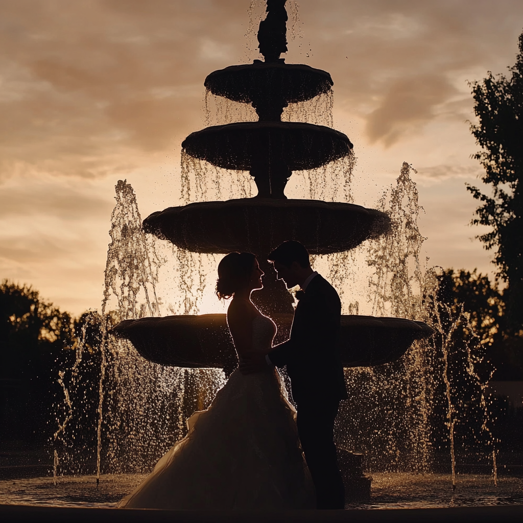 Silhouette d'un couple de jeunes mariés près d'une fontaine | Source : Midjourney