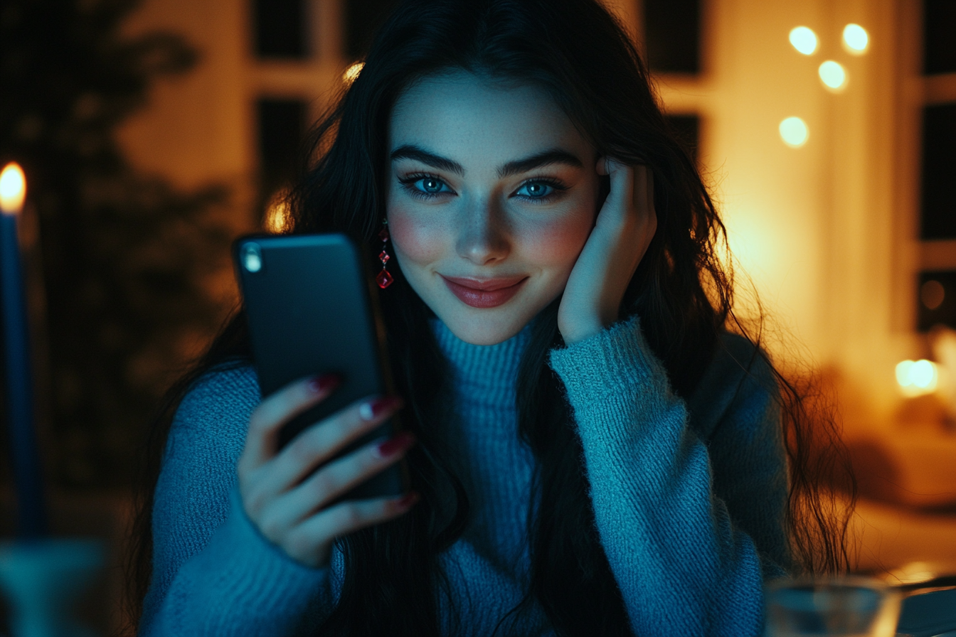 Femme d'une vingtaine d'années aux longs cheveux noirs ondulés et aux yeux bleus tenant un téléphone pendant un dîner dans une maison | Source : Midjourney