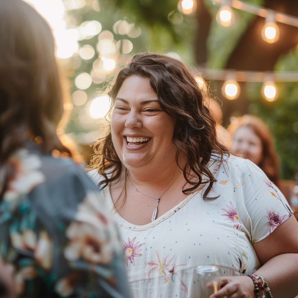 Une femme heureuse parmi les invités de la fête | Source : Midjourney