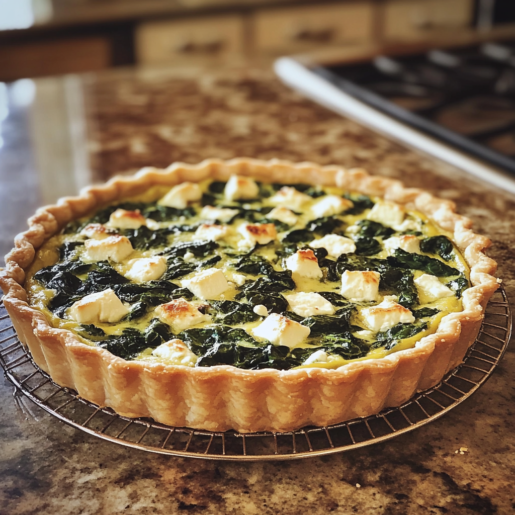 Une quiche aux épinards et à la feta sur un comptoir de cuisine | Source : Midjourney