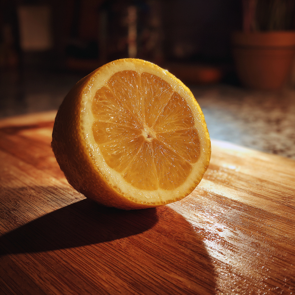 Citron coupé en tranches sur une planche en bois | Source : Midjourney