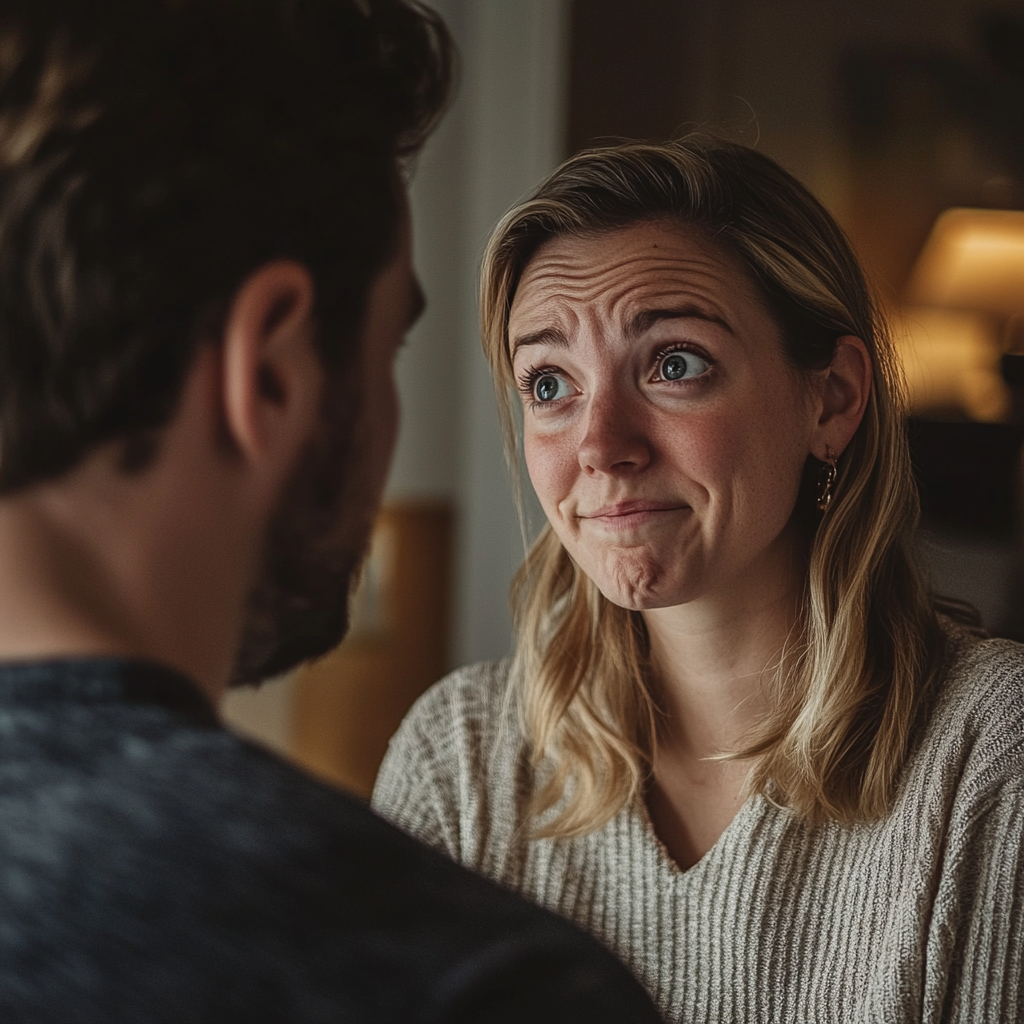 Une femme aux yeux pleins de larmes regarde son mari | Source : Midjourney