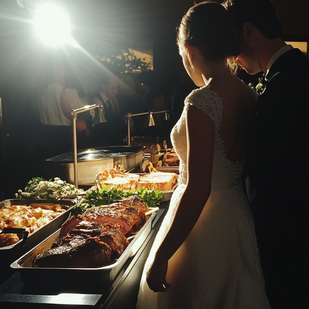 Un couple debout devant un buffet de mariage | Source : Midjourney