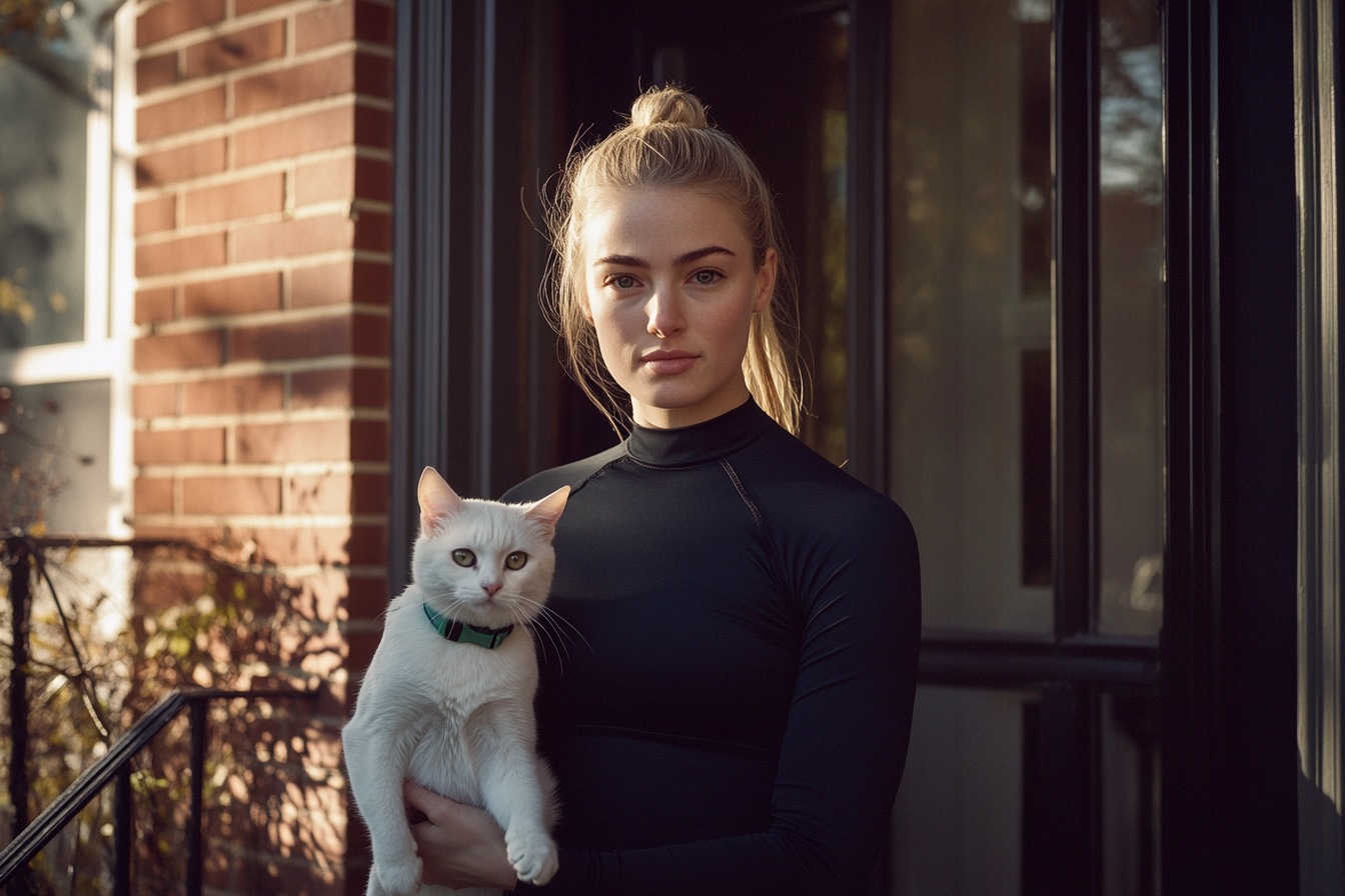 A woman in sportswear in front of a townhouse, holding a white cat | Source: Midjourney