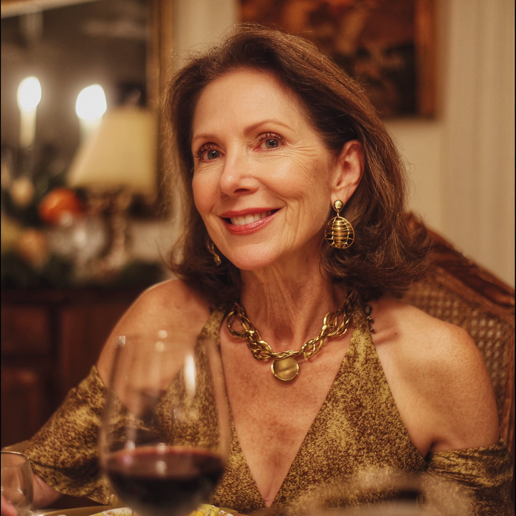 Une femme âgée souriante assise à une table | Source : Midjourney