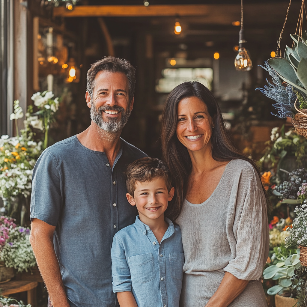 Une famille souriante chez un fleuriste | Source : Midjourney