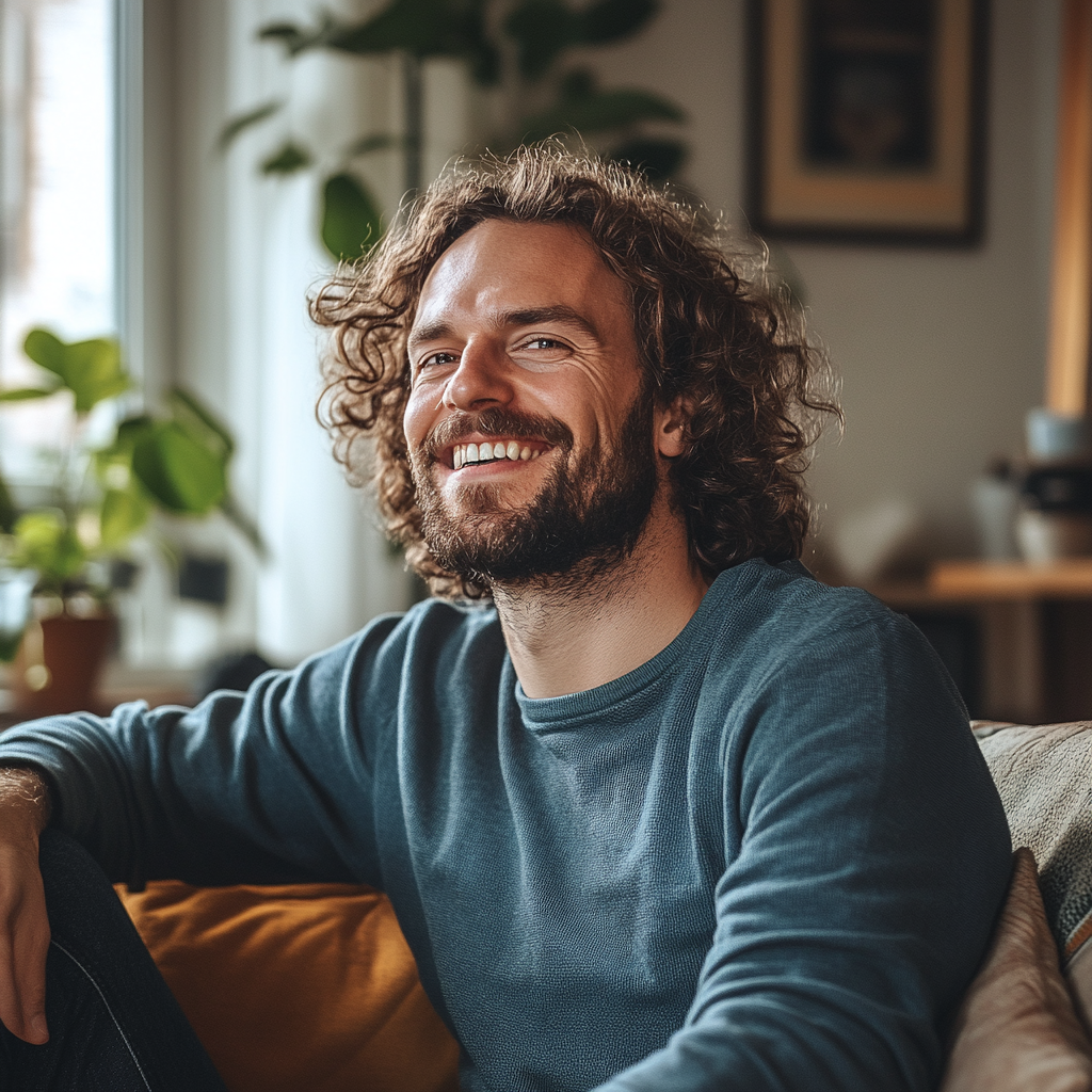 Un homme satisfait dans son salon | Source : Midjourney