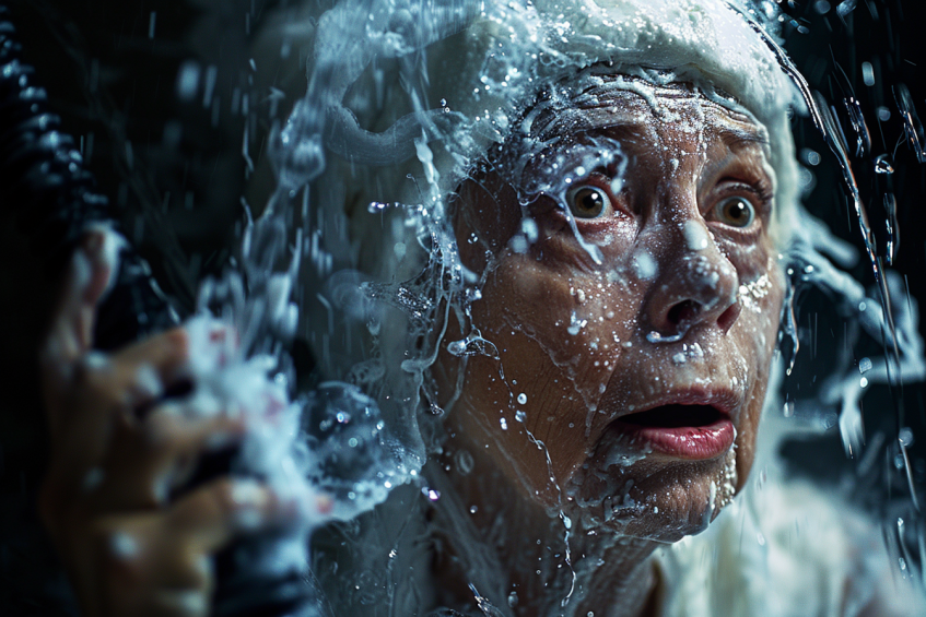 Shocked woman covered in white paint while holding a garden hose | Source: Midjourney