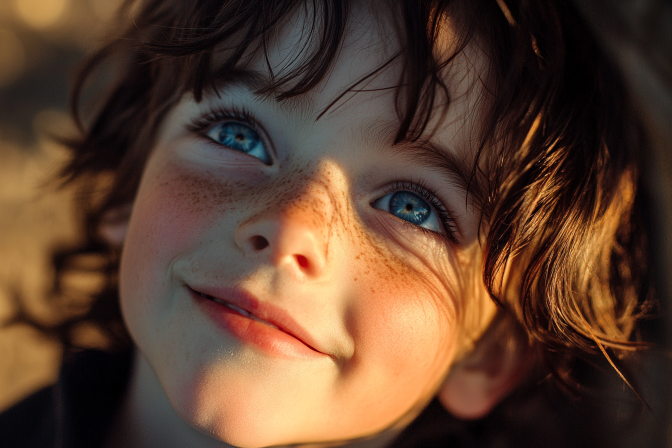 Un garçon aux yeux bleus qui sourit | Source : Midjourney