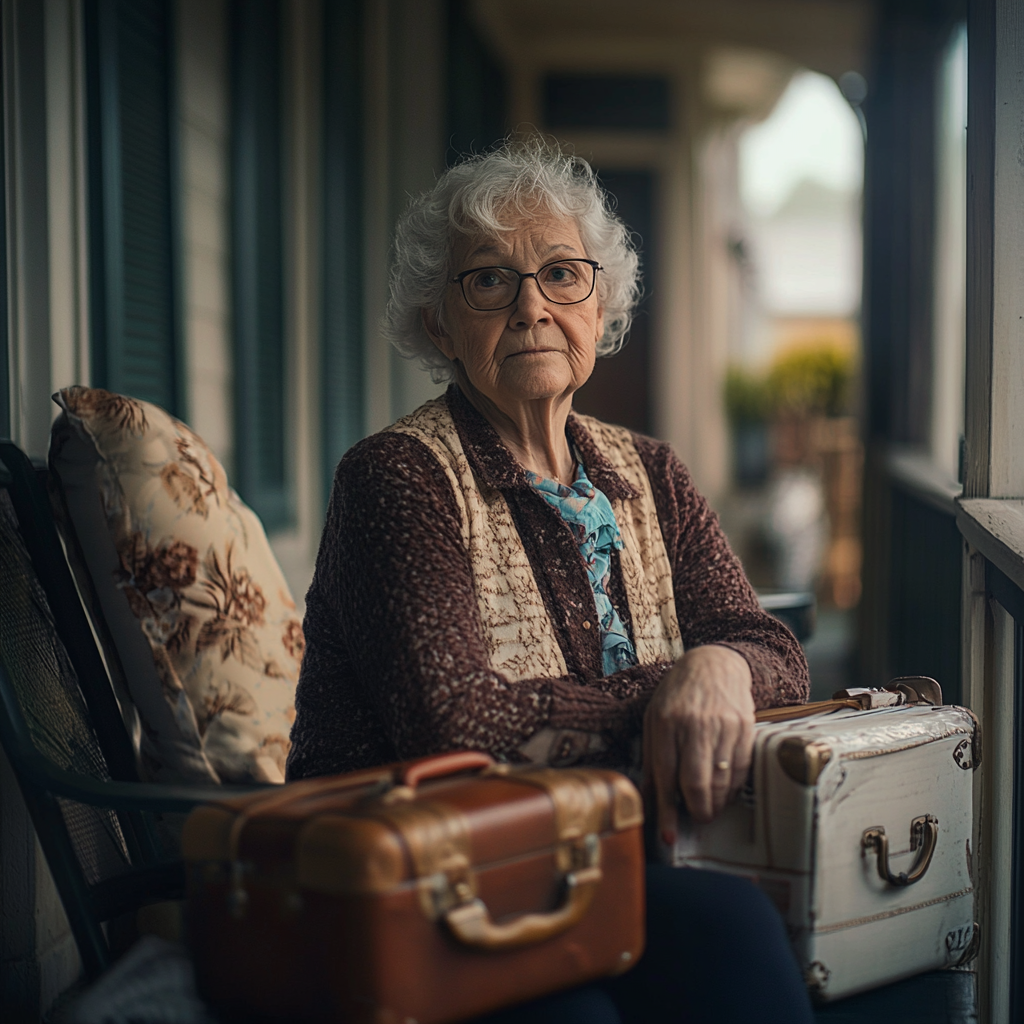 Une femme âgée assise sous le porche avec des valises bouclées | Source : Midjourney