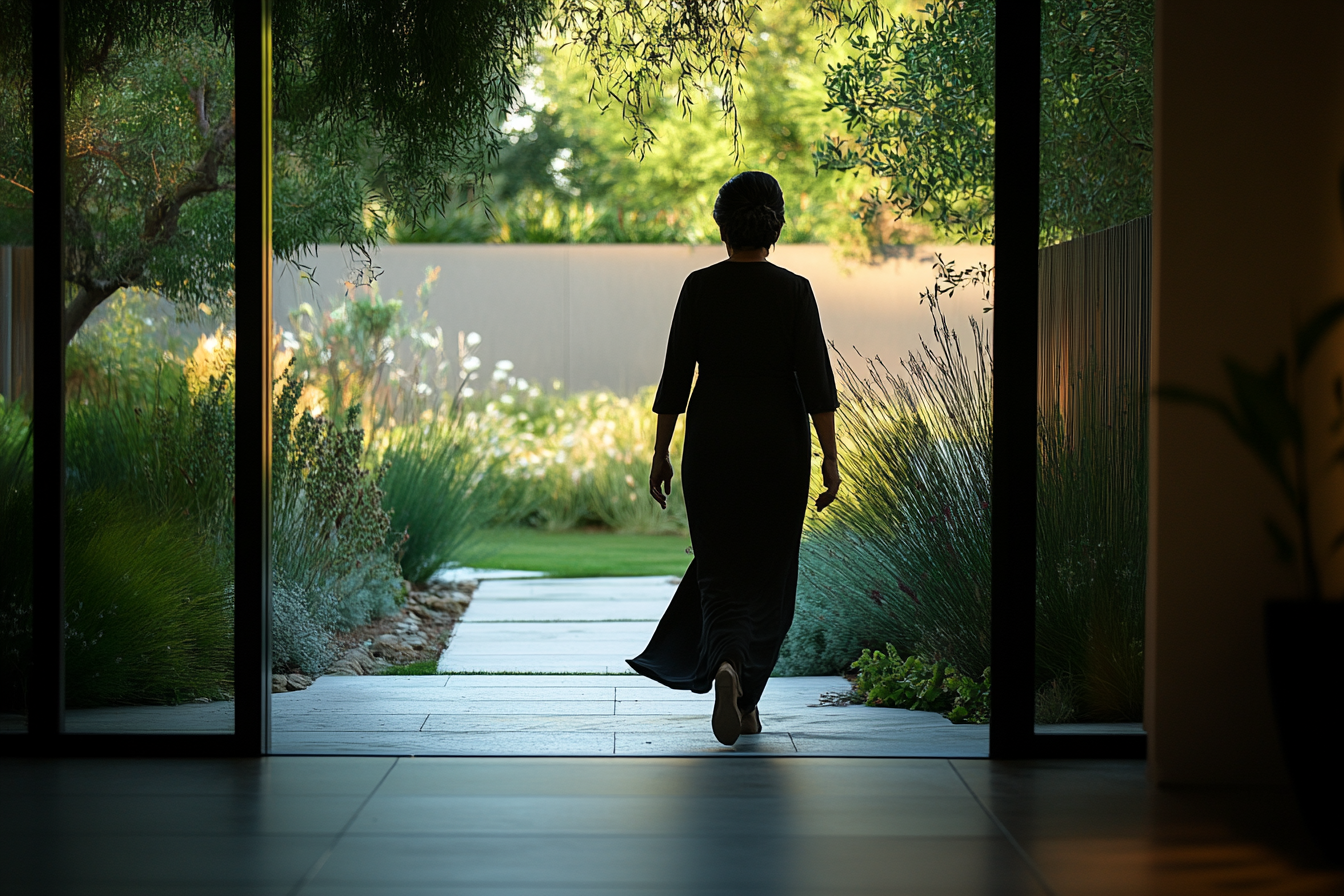 Une femme qui sort dans un jardin | Source : Midjourney