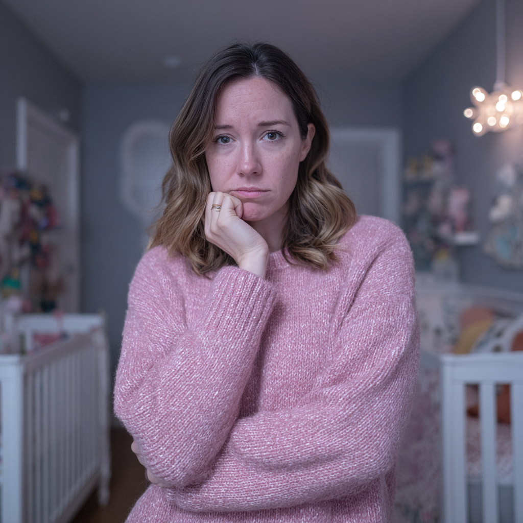 Une femme bouleversée debout dans une chambre d'enfant | Source : Midjourney