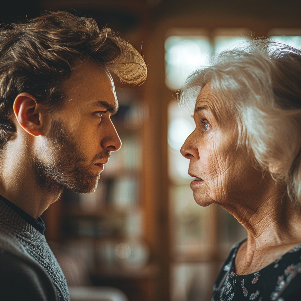 Un homme se met en colère contre sa mère qui semble choquée par sa réaction | Source : Midjourney