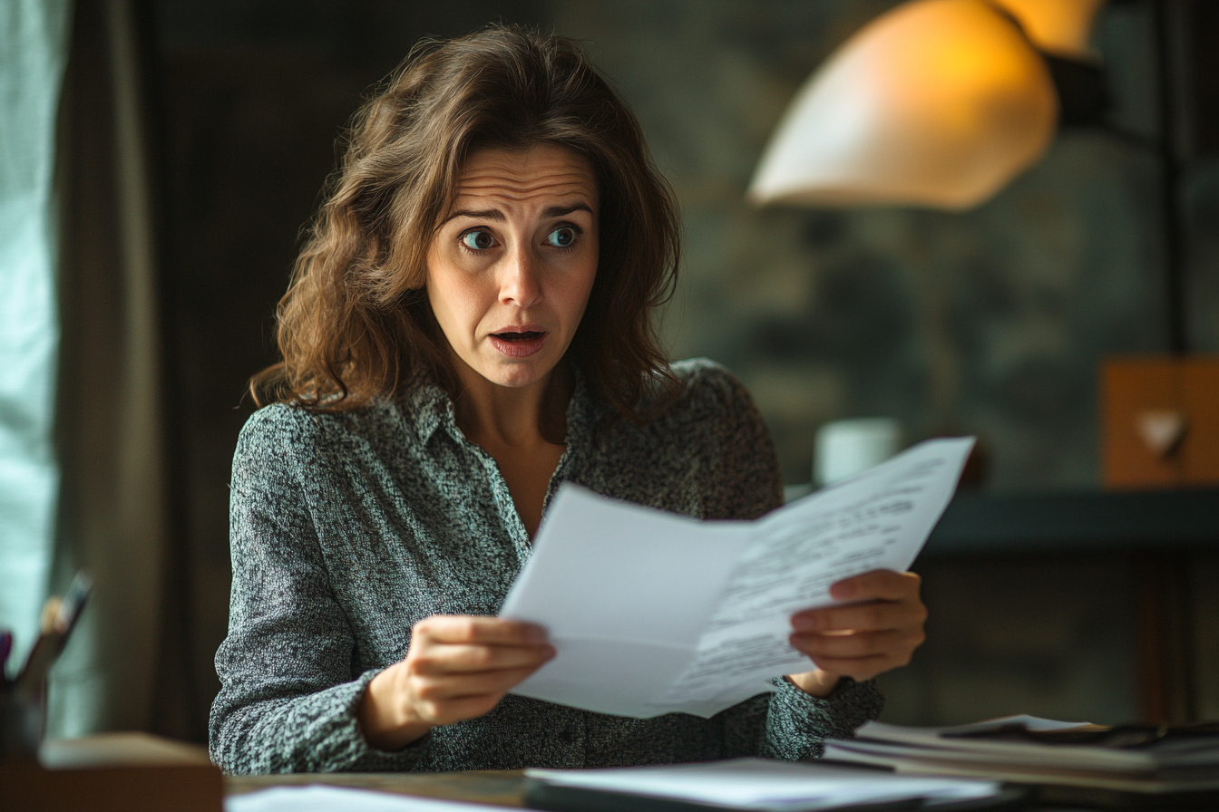 Une femme fixe une lettre en état de choc | Source : Midjourney