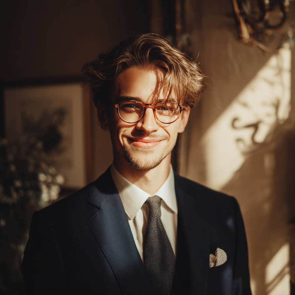 Un homme souriant portant un costume bleu marine | Source : Midjourney