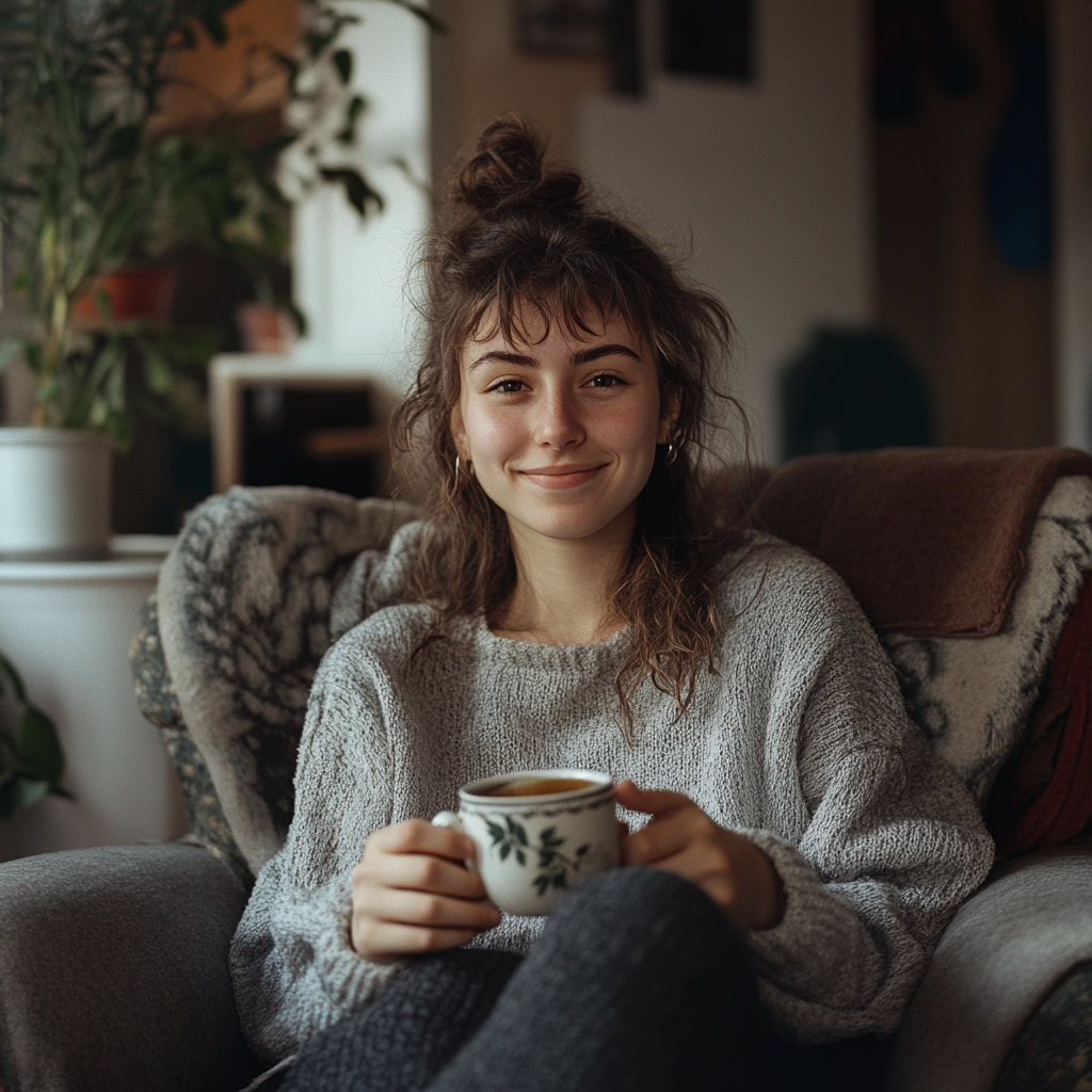 Une femme souriante tenant une tasse de thé | Source : Midjourney