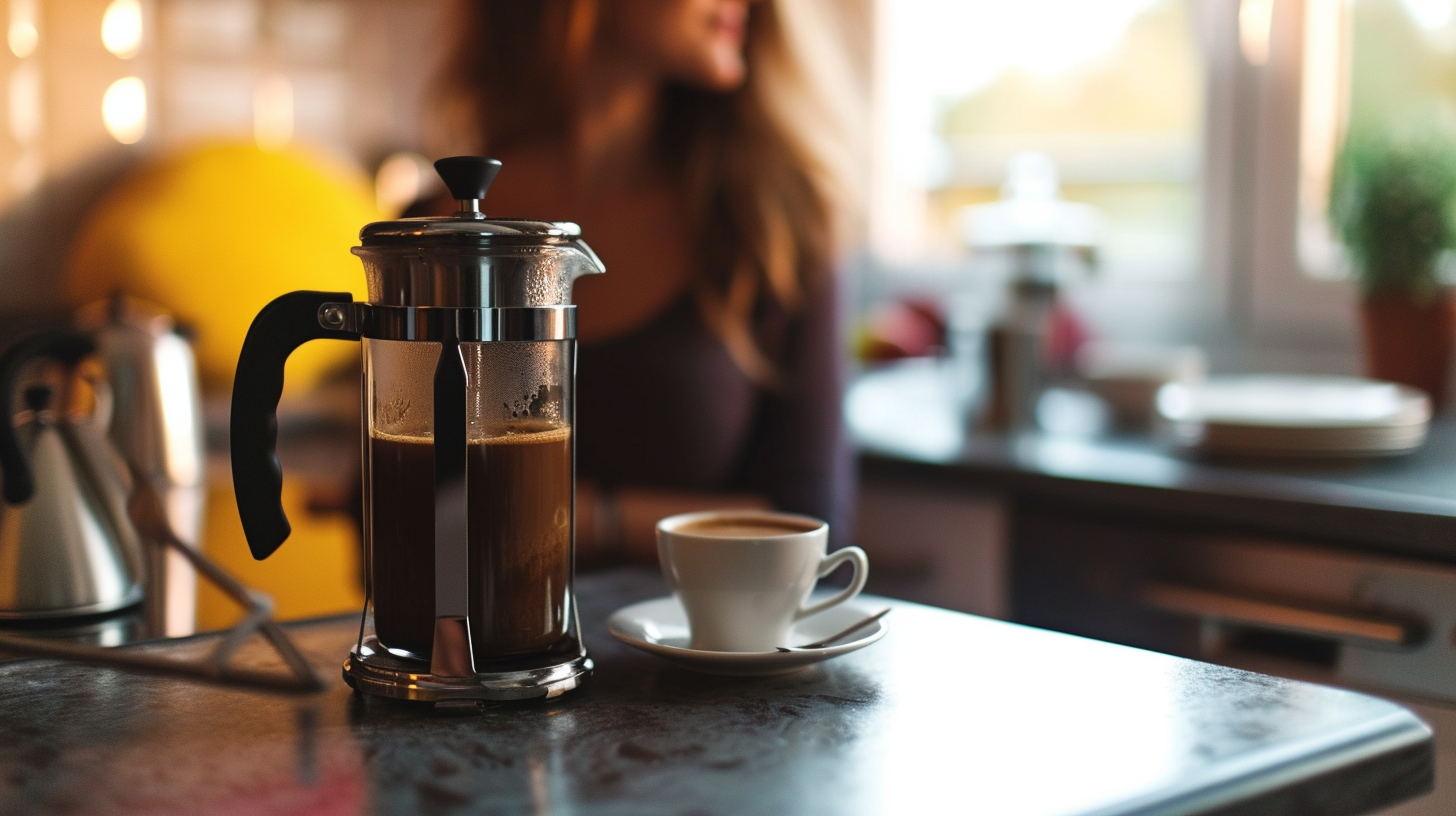 A French press and a cup of coffee on a counter | Source: Midjourney