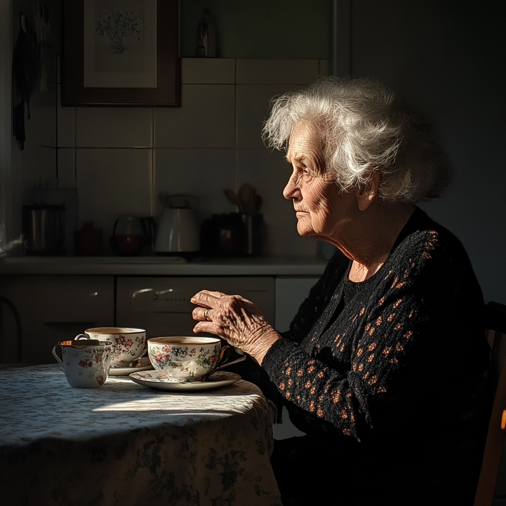 Une femme âgée assise à une table de cuisine | Source : Midjourney