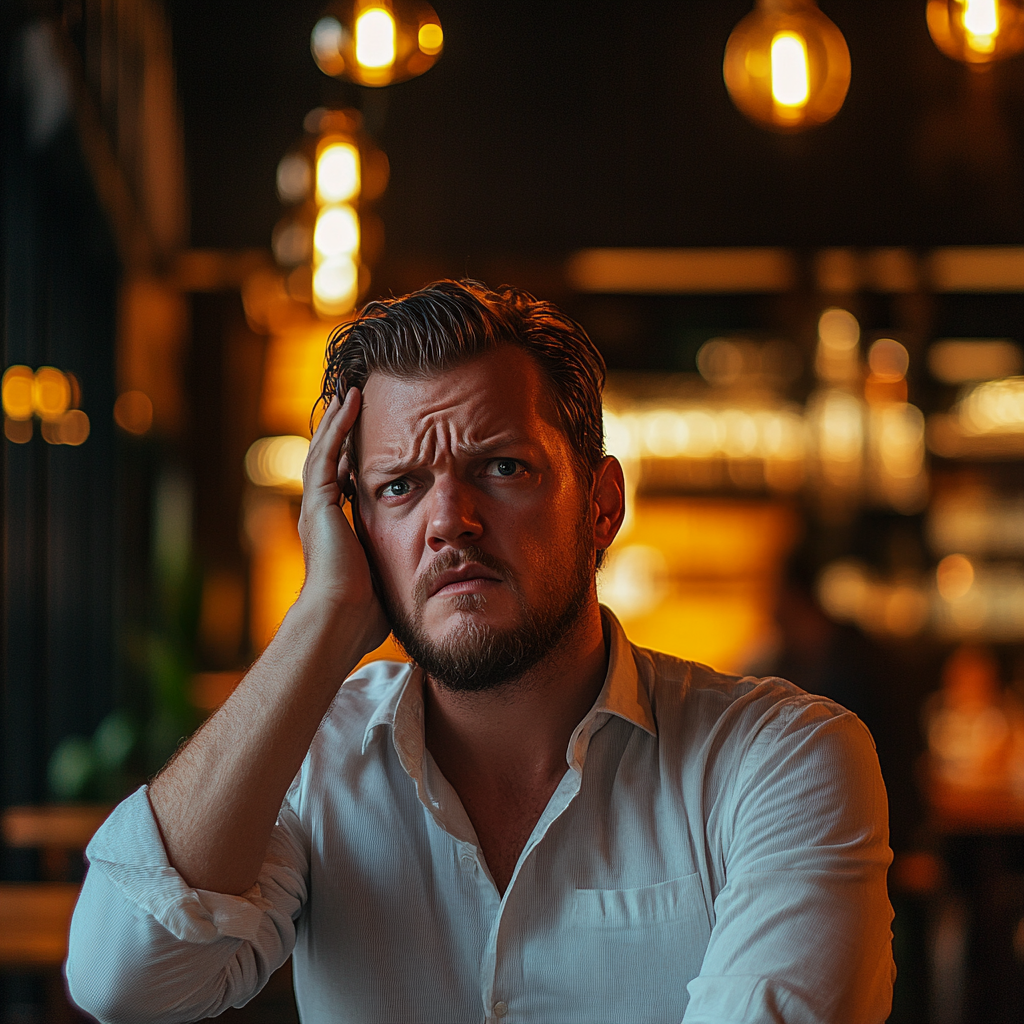 Un homme qui a l'air désespéré et vaincu alors qu'il se tient dans un restaurant | Source : Midjourney