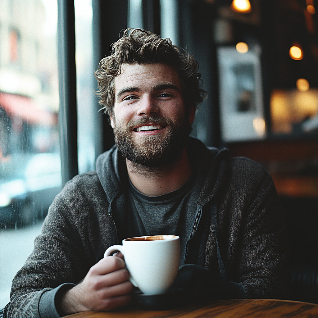 Un homme rit en tenant son café | Source : Midjourney