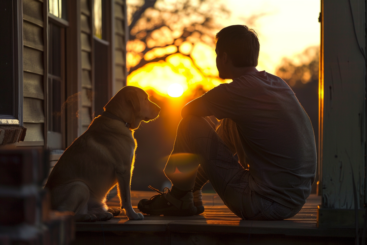 Un homme assis sous un porche avec son chien | Source : Midjourney