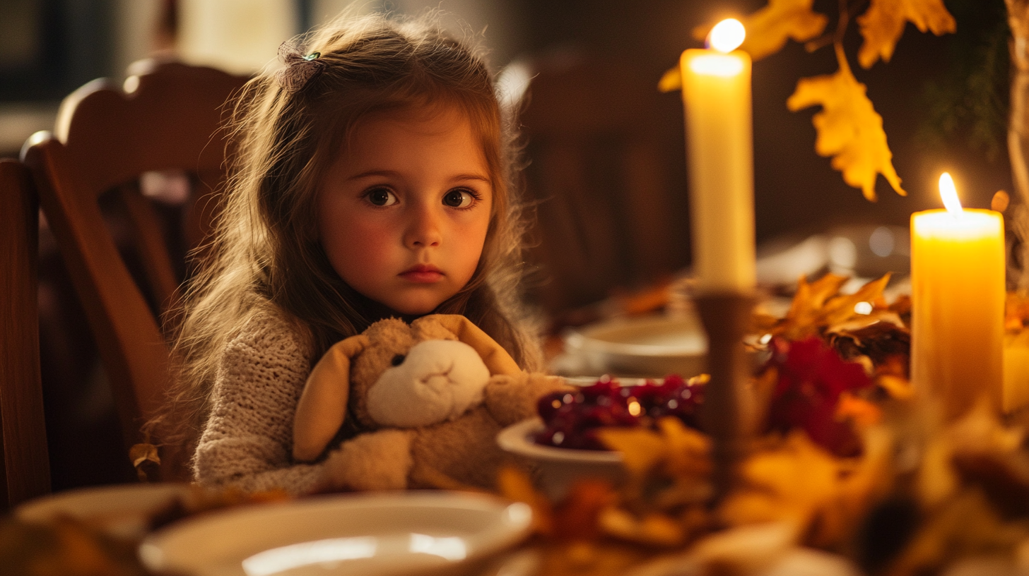 Petite fille assise tranquillement à la table du dîner de Thanksgiving | Source : Midjourney