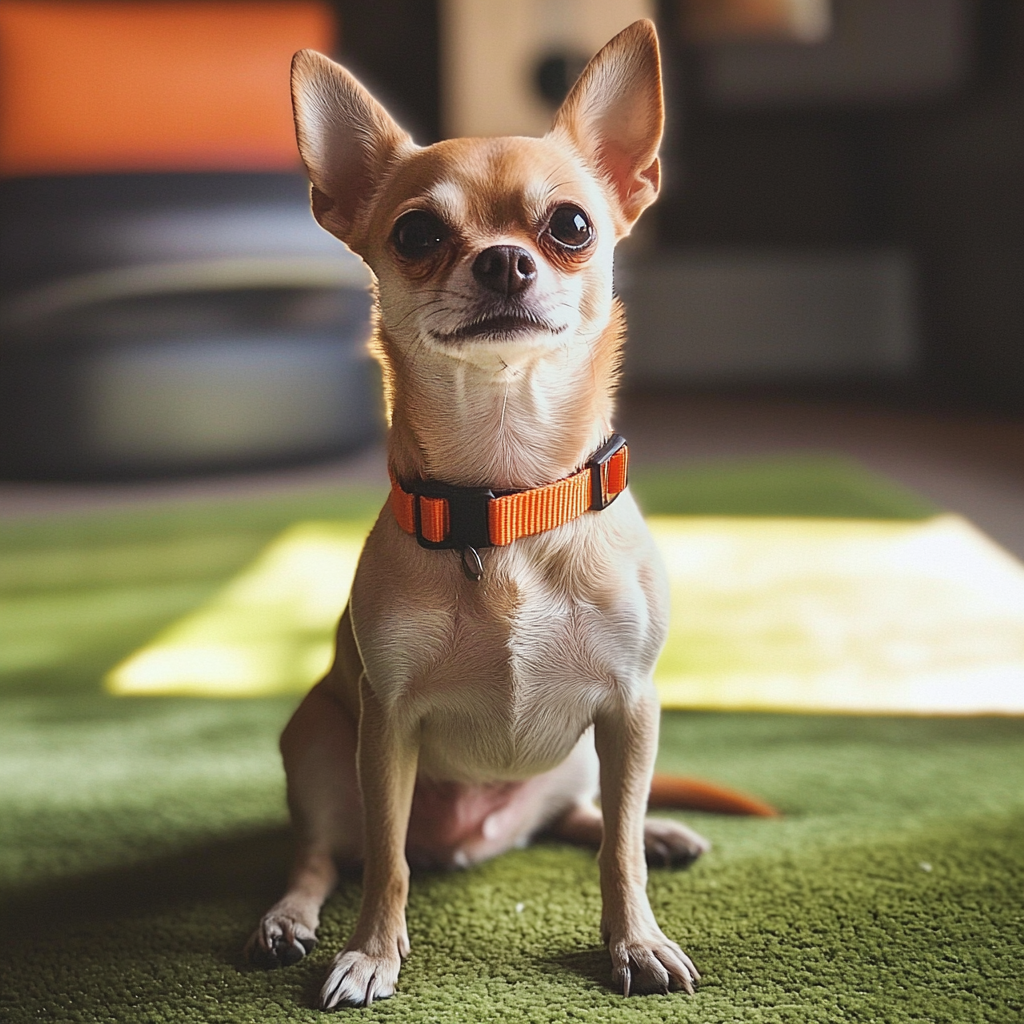 Un chien assis sur un tapis vert | Source : Midjourney