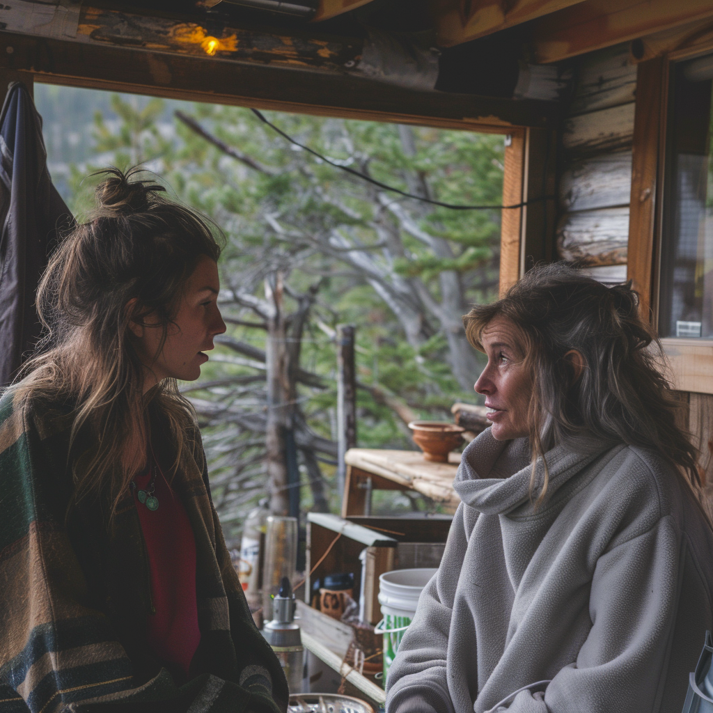 Daina et Phoebe discutent à l'extérieur de la cabane | Source : Midjourney