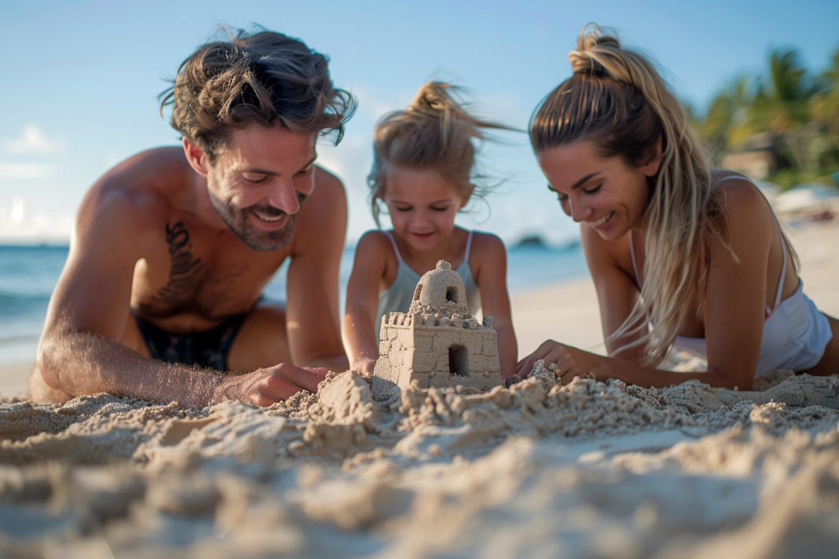 Une petite famille qui construit un château de sable | Source : Midjourney