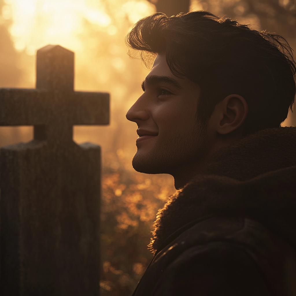 Un jeune homme souriant dans un cimetière | Source : Midjourney