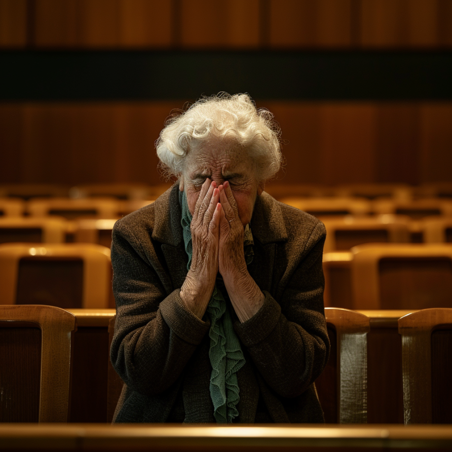 Une femme âgée qui pleure dans une salle d'audience vide | Source : Midjourney