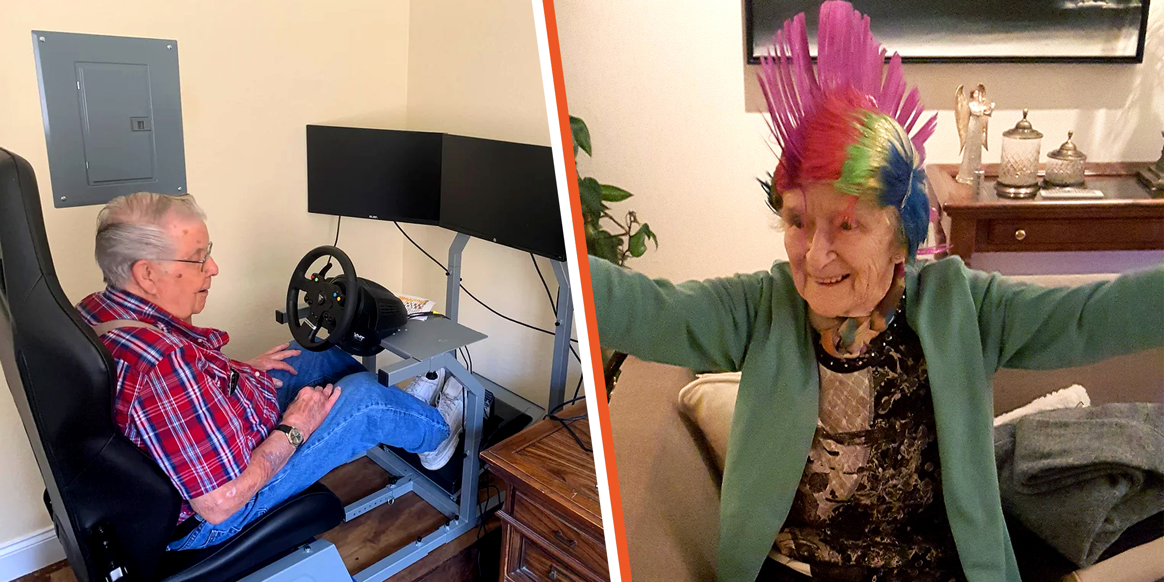 Un grand-père avec son équipement de jeu | Grand-mère avec une crête colorée | Source : Reddit.com/gaming | Imgur.com/Fatuous