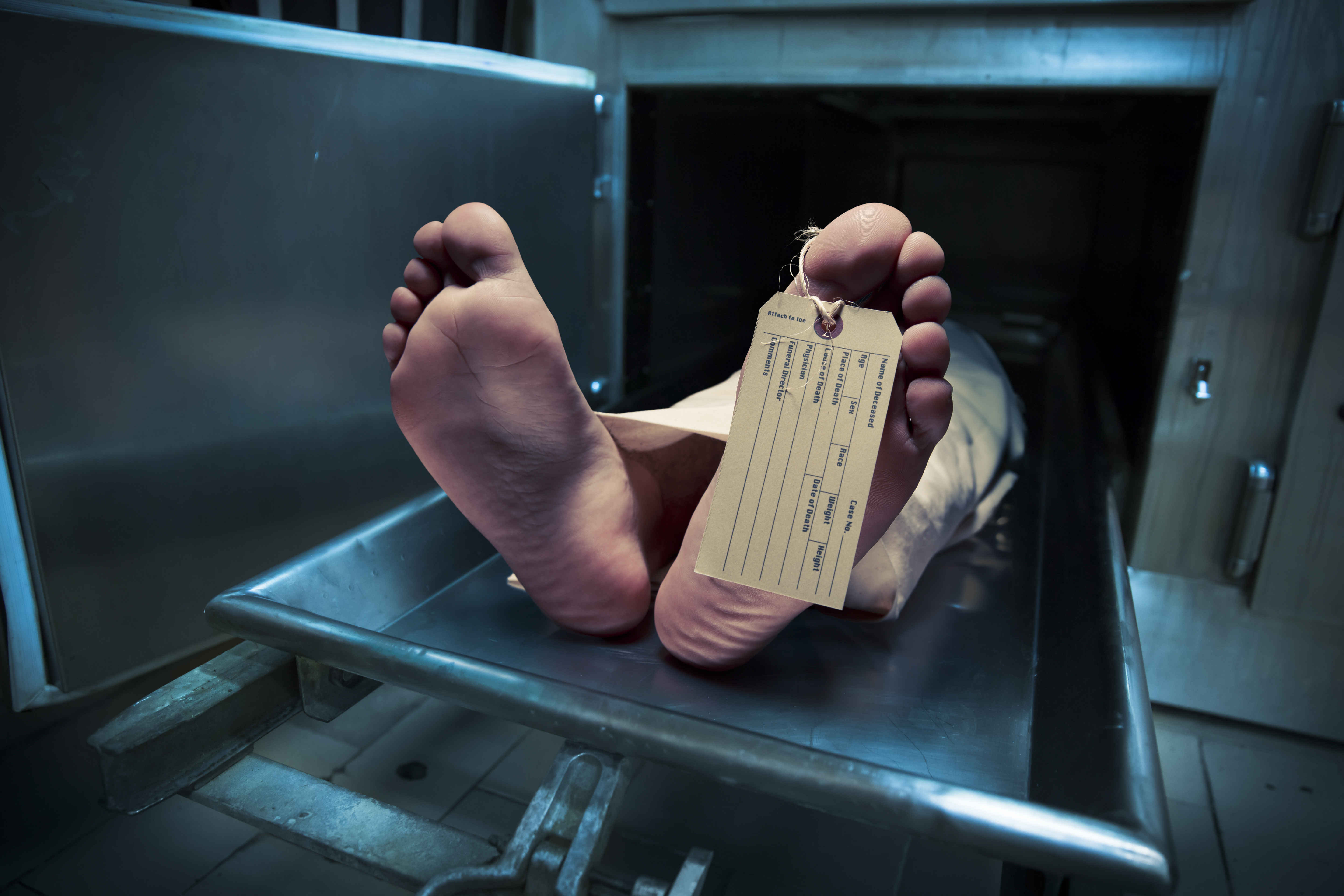 Pieds avec étiquette d'orteil sur une table de morgue | Source : Shutterstock