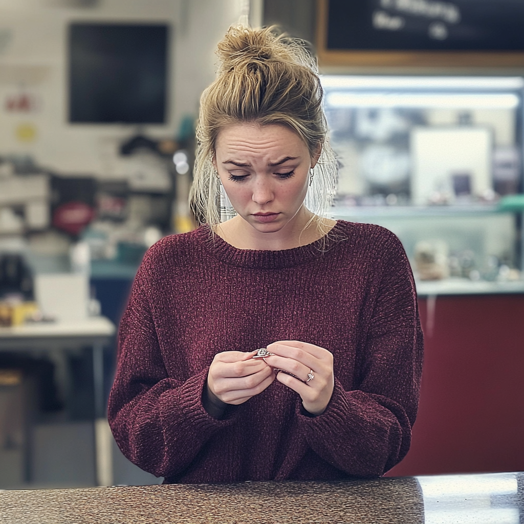 Une femme tenant une bague de fiançailles | Source : Midjourney