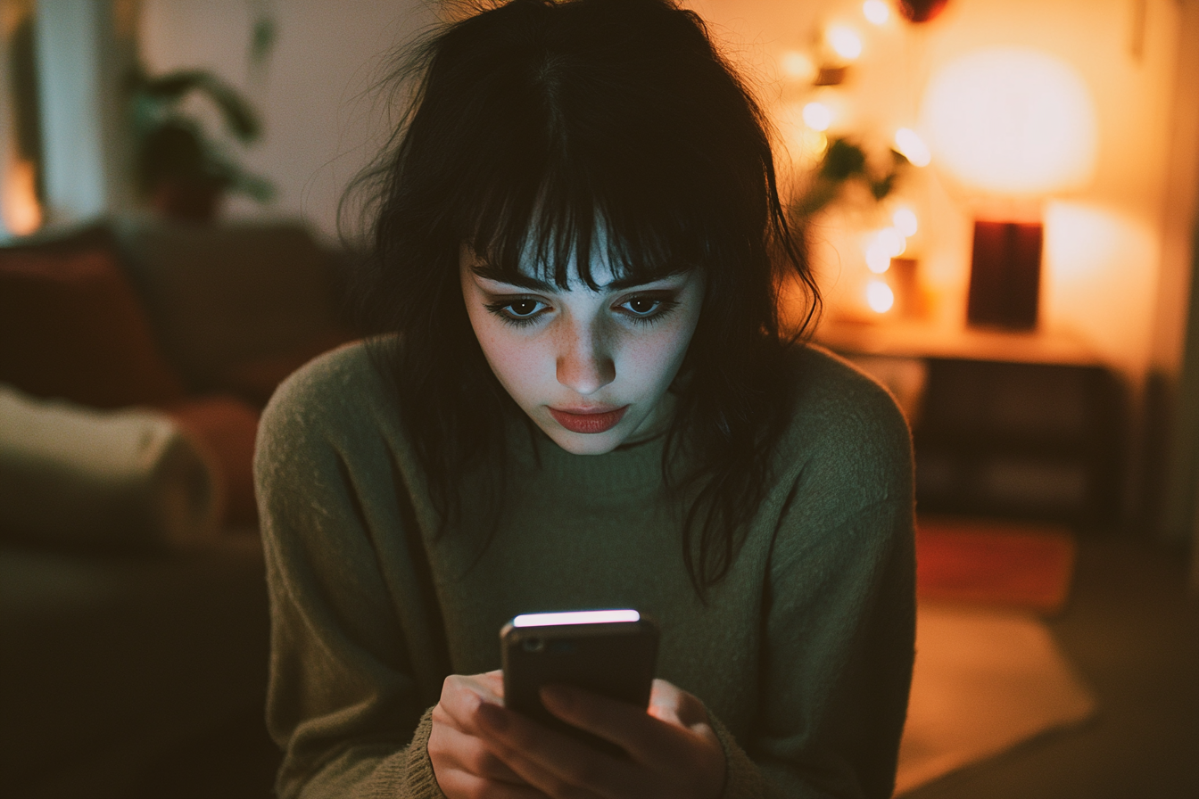 Une femme qui regarde son téléphone avec incrédulité | Source : Midjourney